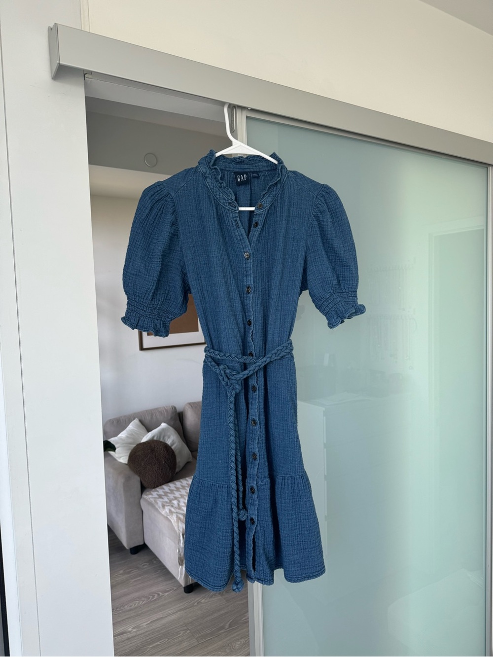 GAP Navy Textured Button-Front Dress with Braided Tie